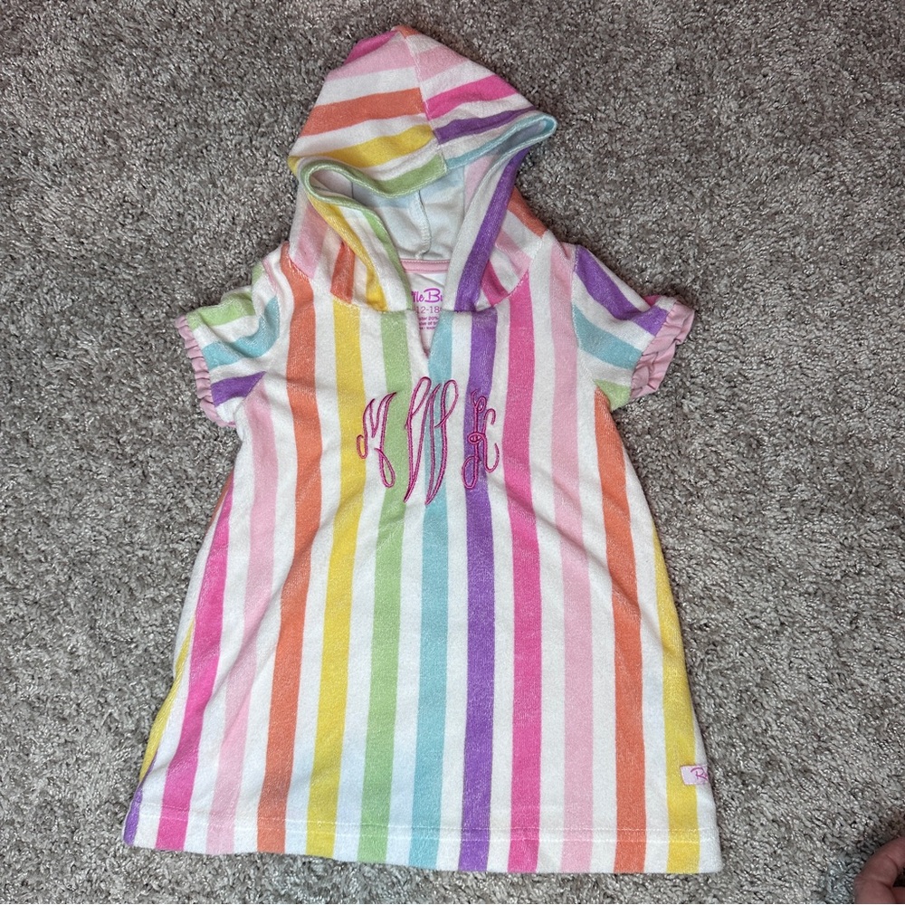 Monogram mWk- Ruffle Butts hooded swim coverup - rainbow stripes 12-18m